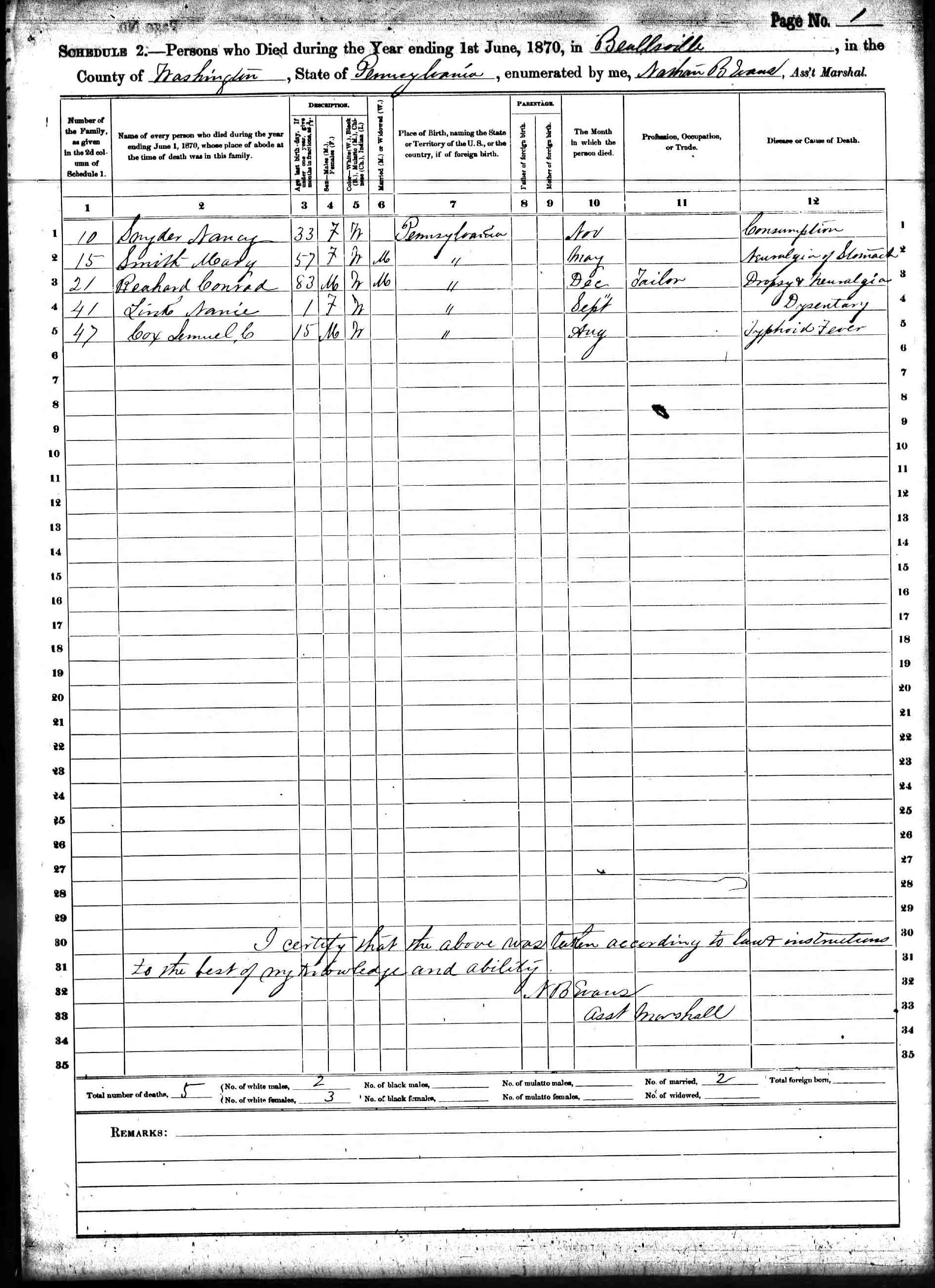 1870 Mortality Schedule Beallsville, Washington PA