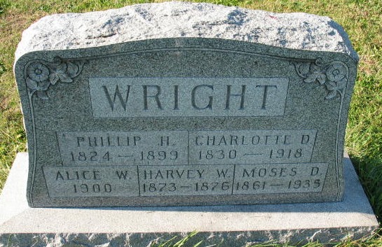 Alice W, Phillip H, Charlotte D. Harvey W., Moses D. Wright tombstone