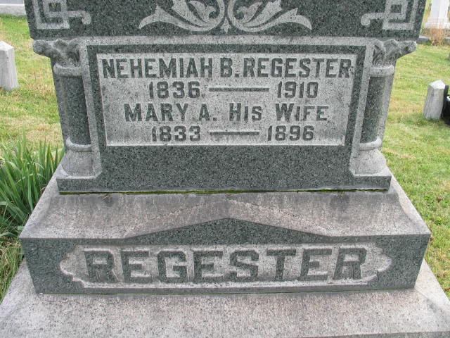 Nehemiah B. REgester and Mary A. Regester tombstone
