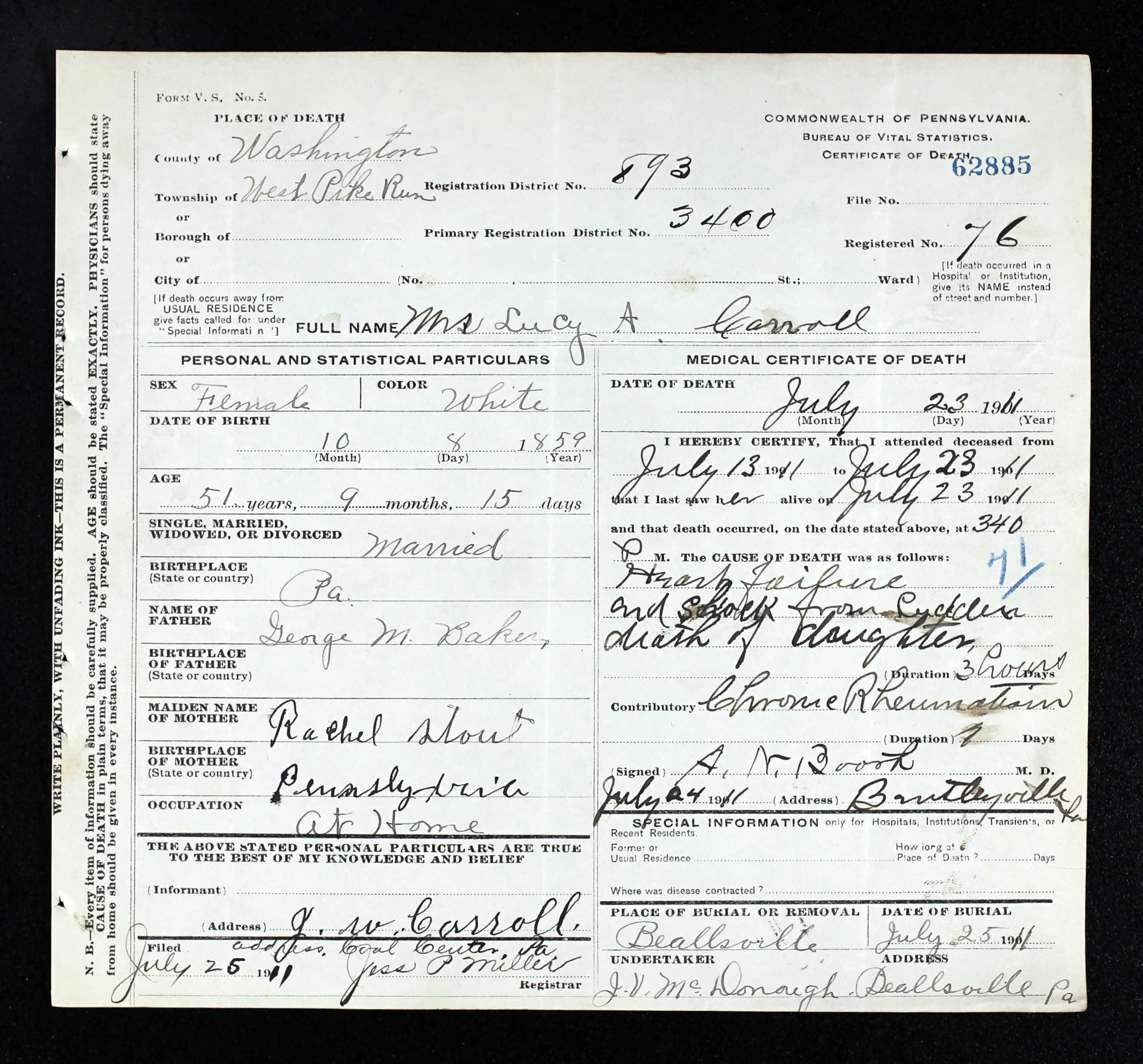 Lucy A. Carroll death certificate
