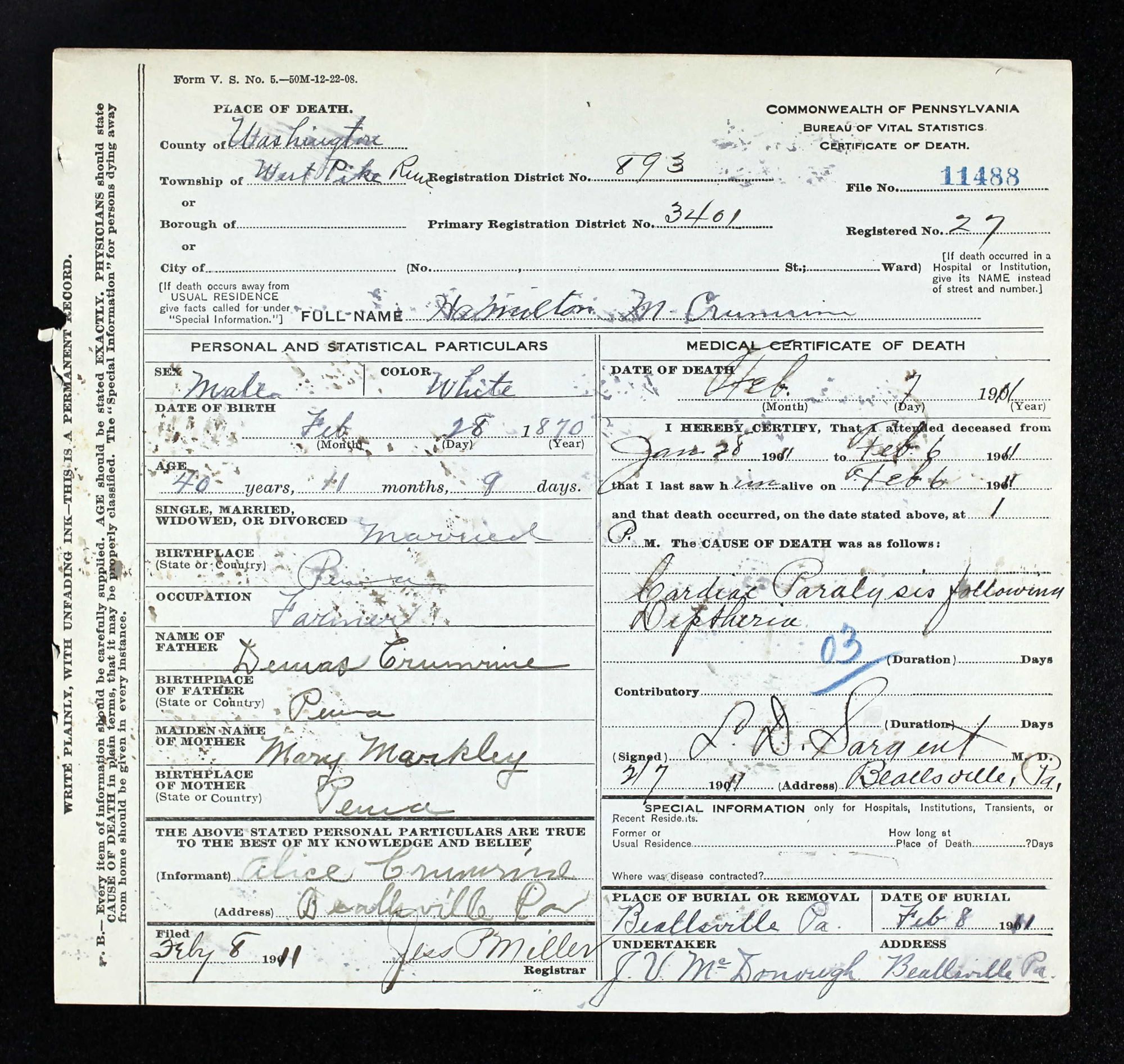 Hamilton M. Crumrine death certificate