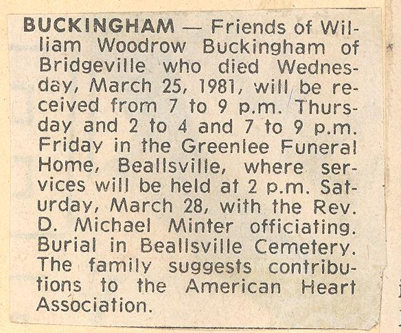 William Woodrow buckingham funeral notice