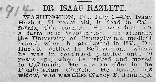 Dr, Isaac Condit Hazlett obituary