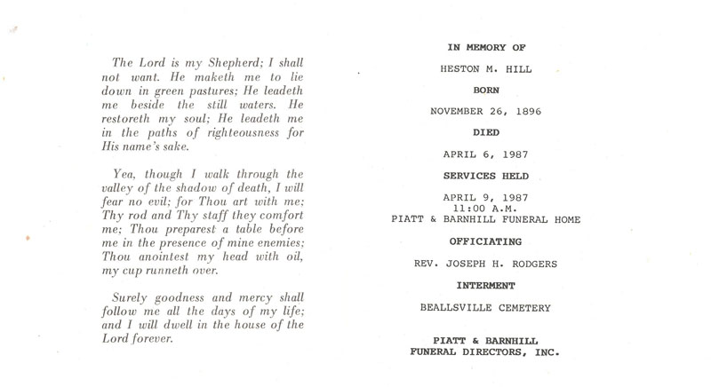 Heston M. Hill funeral Card
